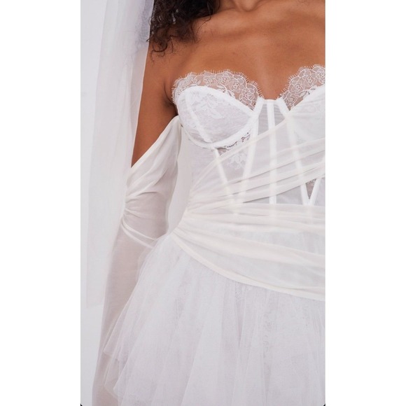 For Love & Lemons Eve Ivory Lace Corset High-Low Tulle Gown Sz Large Wedding - Picture 14 of 16